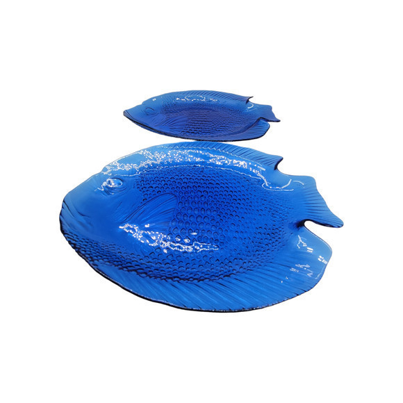 Arcoroc France Blue Glass Poisson Fish Shape Two Plates - Picture 5 of 10